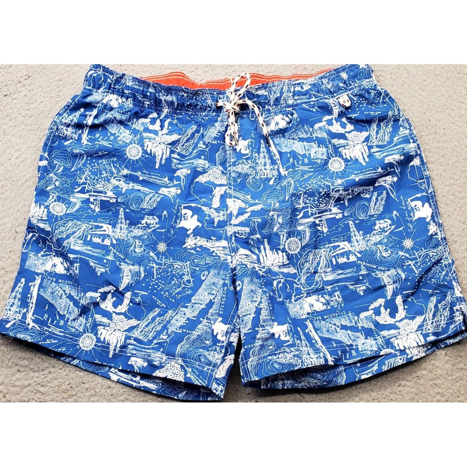 Lands' End Lands' End Mens Swim Trunks Trunks: Mens Size L Multicolor Great Lakes Map Drawstring Waist Swimsuit Bottom Beach Pockets Size US 33 - 2 Thumbnail