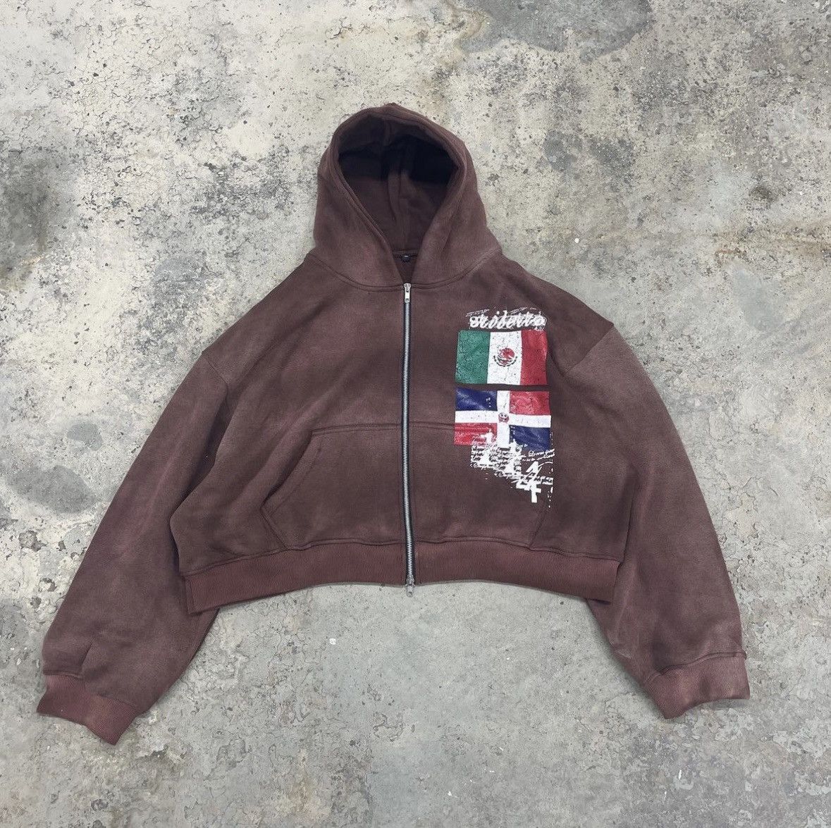 image of Avant Garde Stiletto Boys Double Zip Cropped Hoodie in Brown, Men's (Size Small)