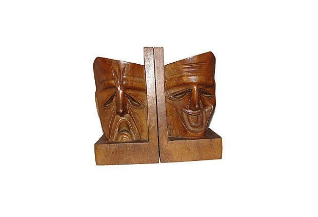 Designer Arts and Crafts Drama Face Wood Bookends Size ONE SIZE - 1 Thumbnail