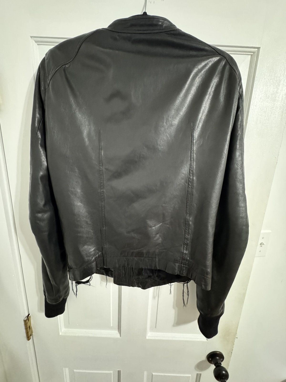 ジャケット・アウター rick owens intarsia 17ss Rick Owens Black Leather Intarsia High Neck Jacket Rick Owens