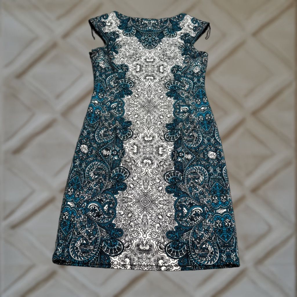 MAGGY LONDON Maggy London Midi Sheath Dress Womens 8 Blue Paisley Medallion Print Cap Sleeve Size M / US 6-8 / IT 42-44 - 1 Thumbnail
