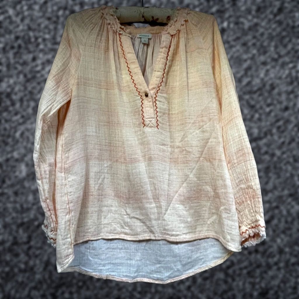 Vintage Sundance Gauze Embroidered Boho Frayed Long Sleeve Popover Blouse Medium Pink Women Size M / US 6-8 / IT 42-44 - 1 Thumbnail