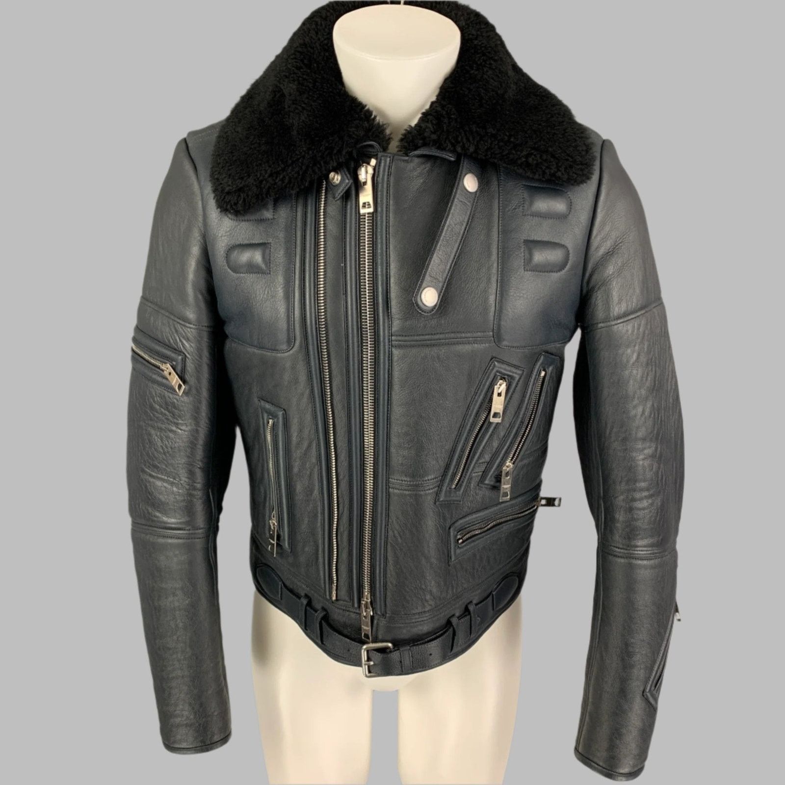 Burberry Prorsum FW 2010 38 Blue Black Lamb Leather Shearling Biker Jacket Size US M / EU 48-50 / 2 - 1 Thumbnail