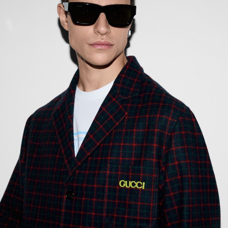 Gucci o1loc1c1125 814510 Embroidered Check Wool Flannel Jacket Size US XL / EU 56 / 4 - 6 Thumbnail