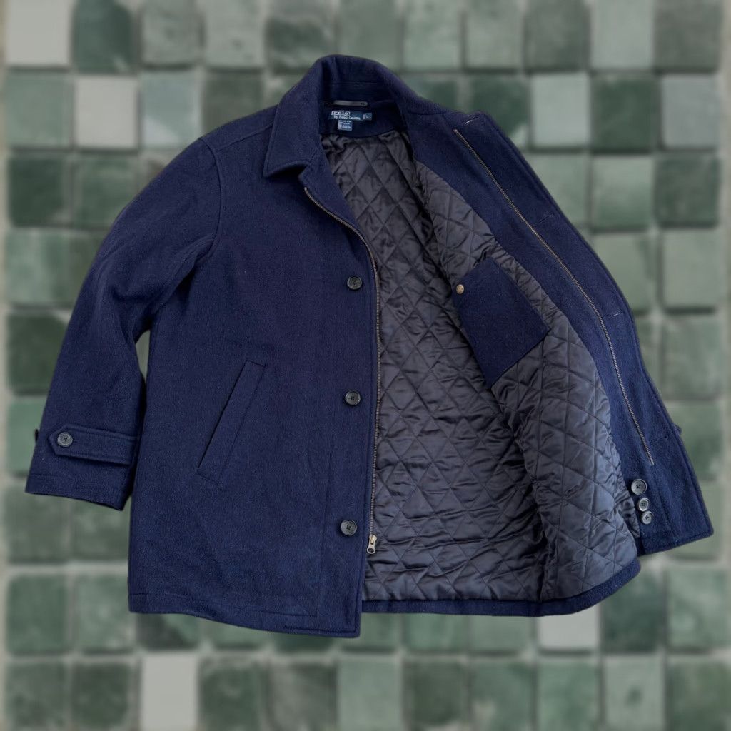 VINTAGE Polo Ralph Lauren Coat Jacket Wool Navy L Men Large Quilted Lined Overcoat 90s Preppy Designer