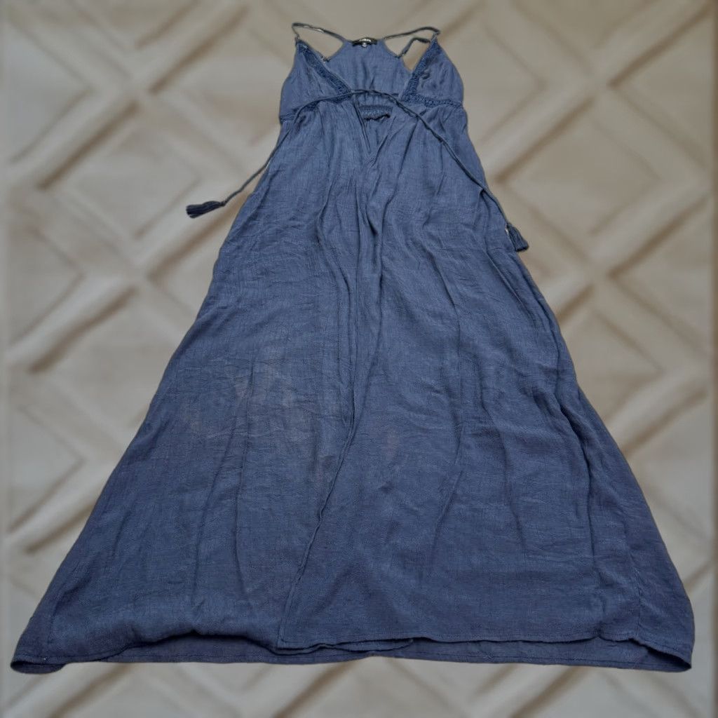 Vintage Aakaa Maxi Dress Women's Medium Navy Blue V-Neck Halter Tasseled Casual Beach Boho Summer Size M / US 6-8 / IT 42-44 - 1 Thumbnail