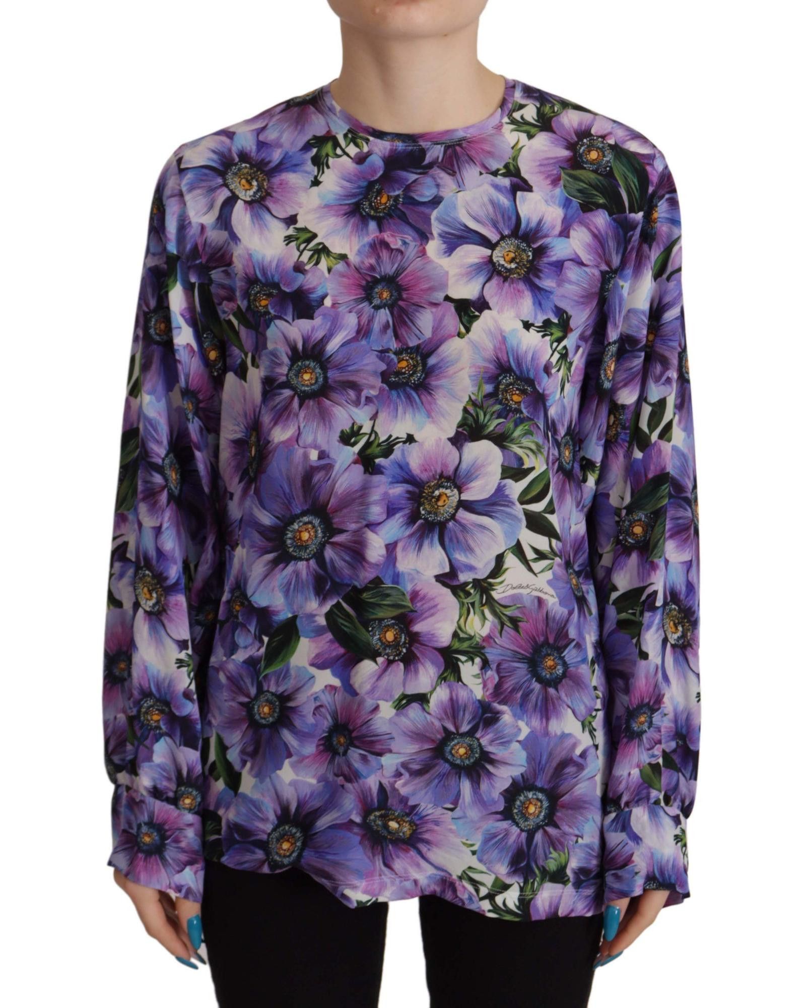 image of Dolce Gabbana Floral Silk Long Sleeve Top in Purple, Women's (Size XS)