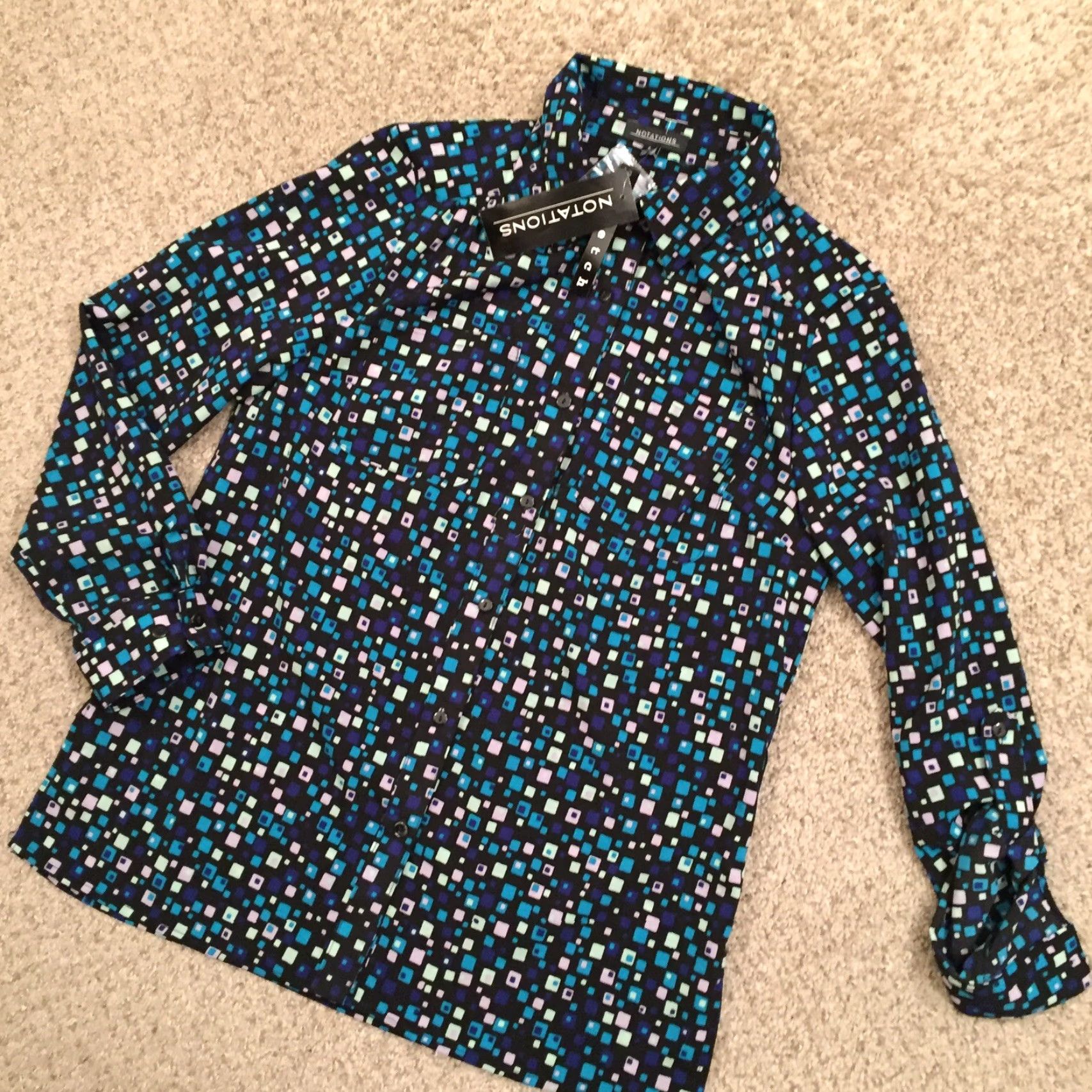 Vintage Notations Shirt Womens Small Blue Geometric Roll Tab Long Sleeve Button Up New Size S / US 4 / IT 40 - 2 Thumbnail