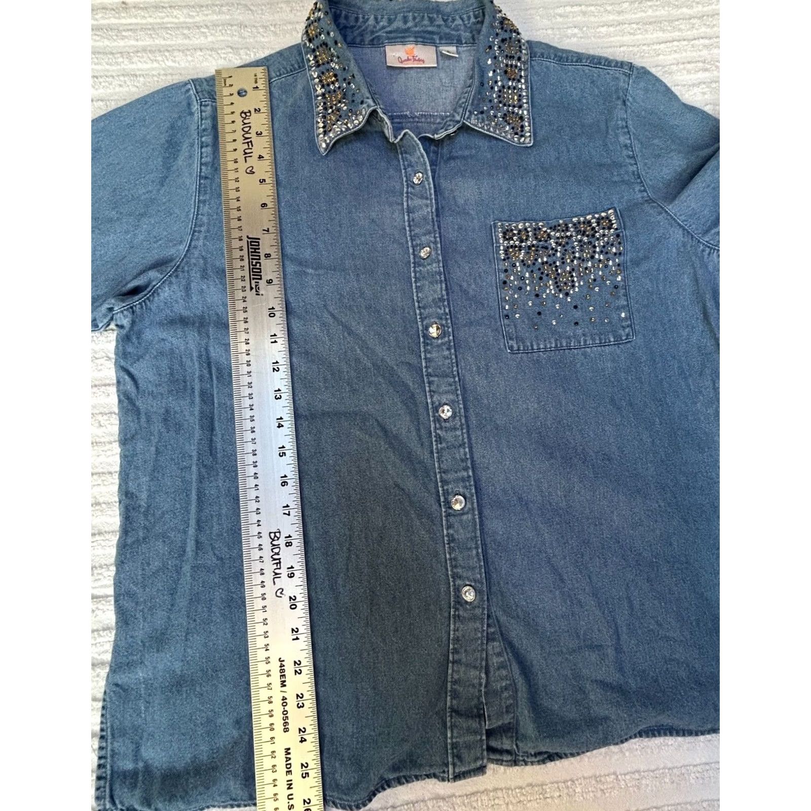 Quacker Factory Quacker Factory Shirt Large Embellished Rhinestone Button Front Denim Tunic Top Shirt Size L / US 10 / IT 46 - 6 Thumbnail