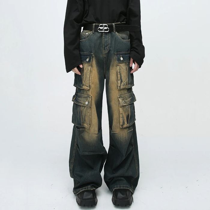 Distressed Denim Gradient yellow multi pocket baggy cargo jeans