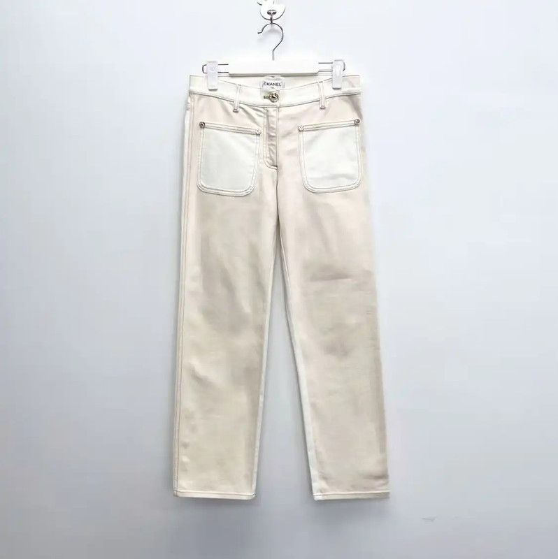 Chanel White Denim Logo Women's Pants 0089