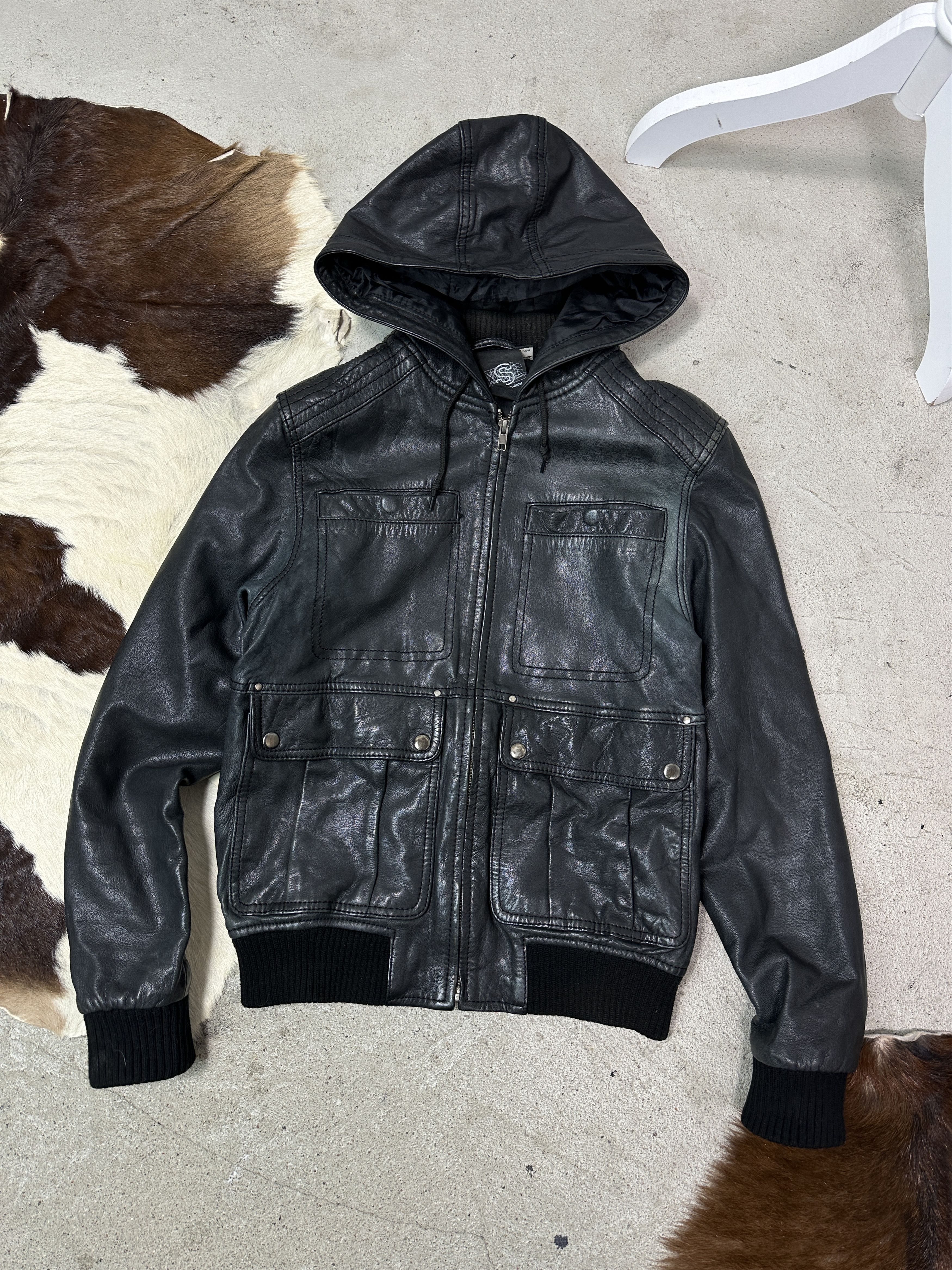 Vintage Vintage Leather Grunge Biker Moto Hooded Jacket 00s Size S / US 4 / IT 40 - 2 Thumbnail