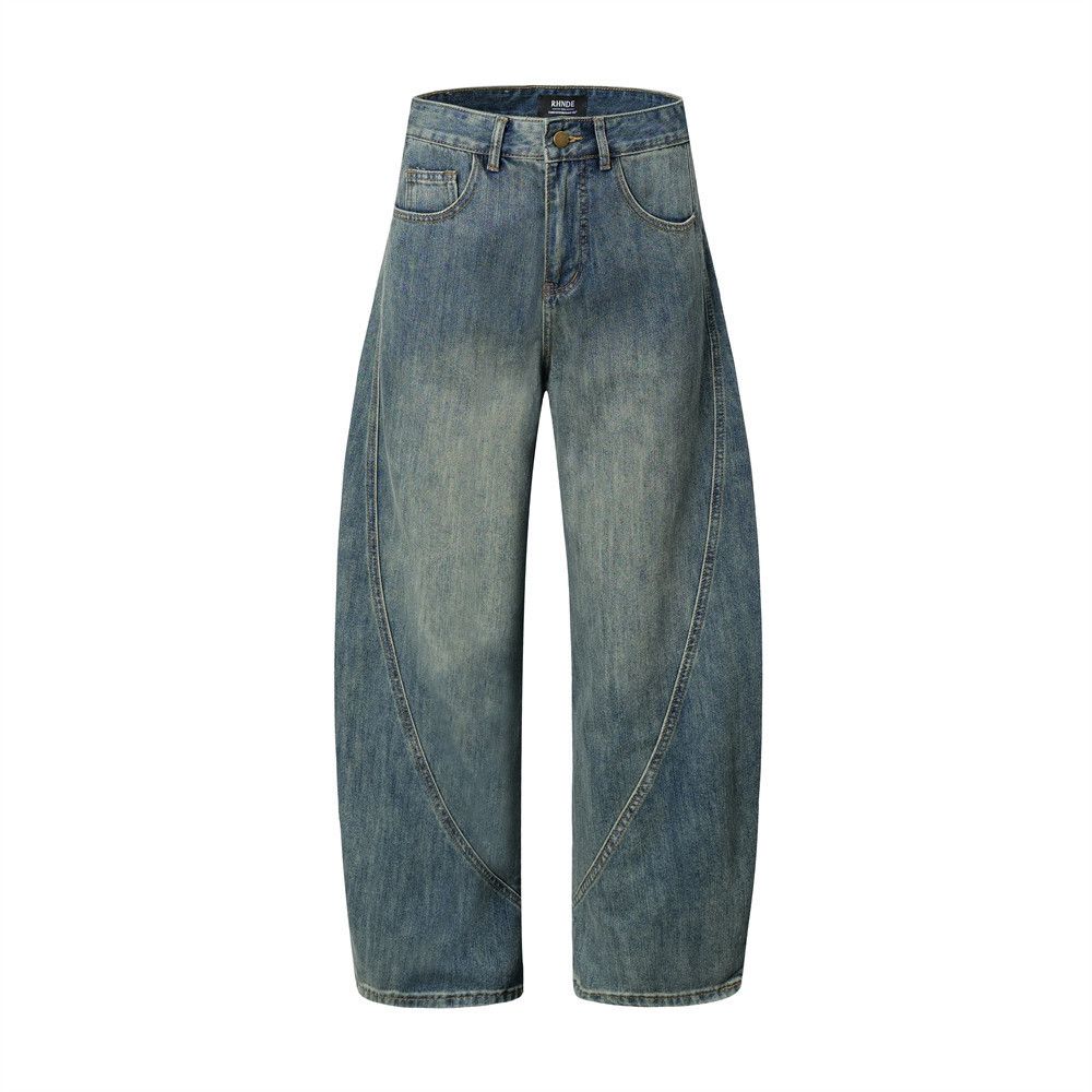 Men's punk washed distressed patchwork scimitar jeans