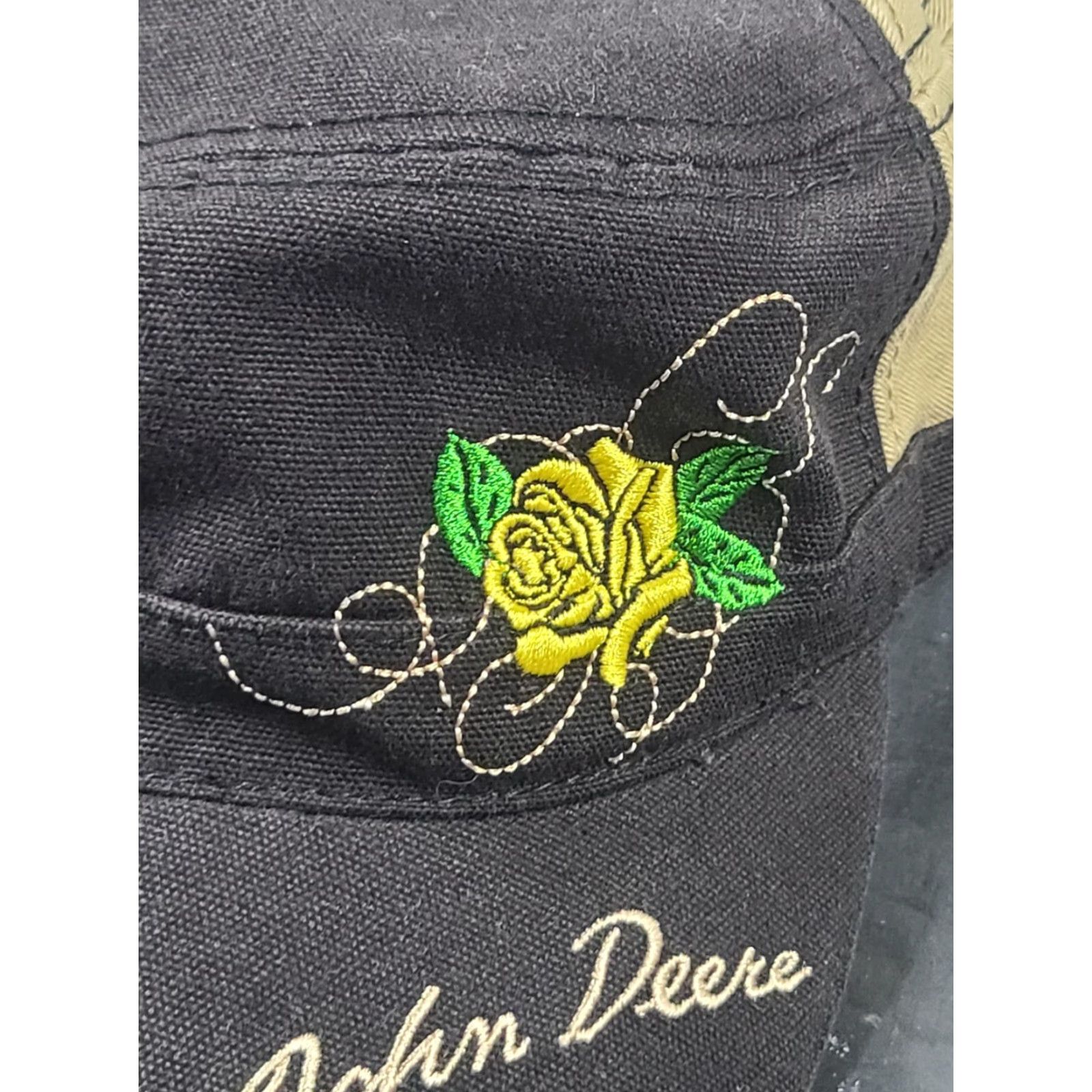John Deere John Deere Strap Back Hat Embroidered Green & Yellow Rose 100% Cotton Black/Tan Size ONE SIZE - 3 Thumbnail
