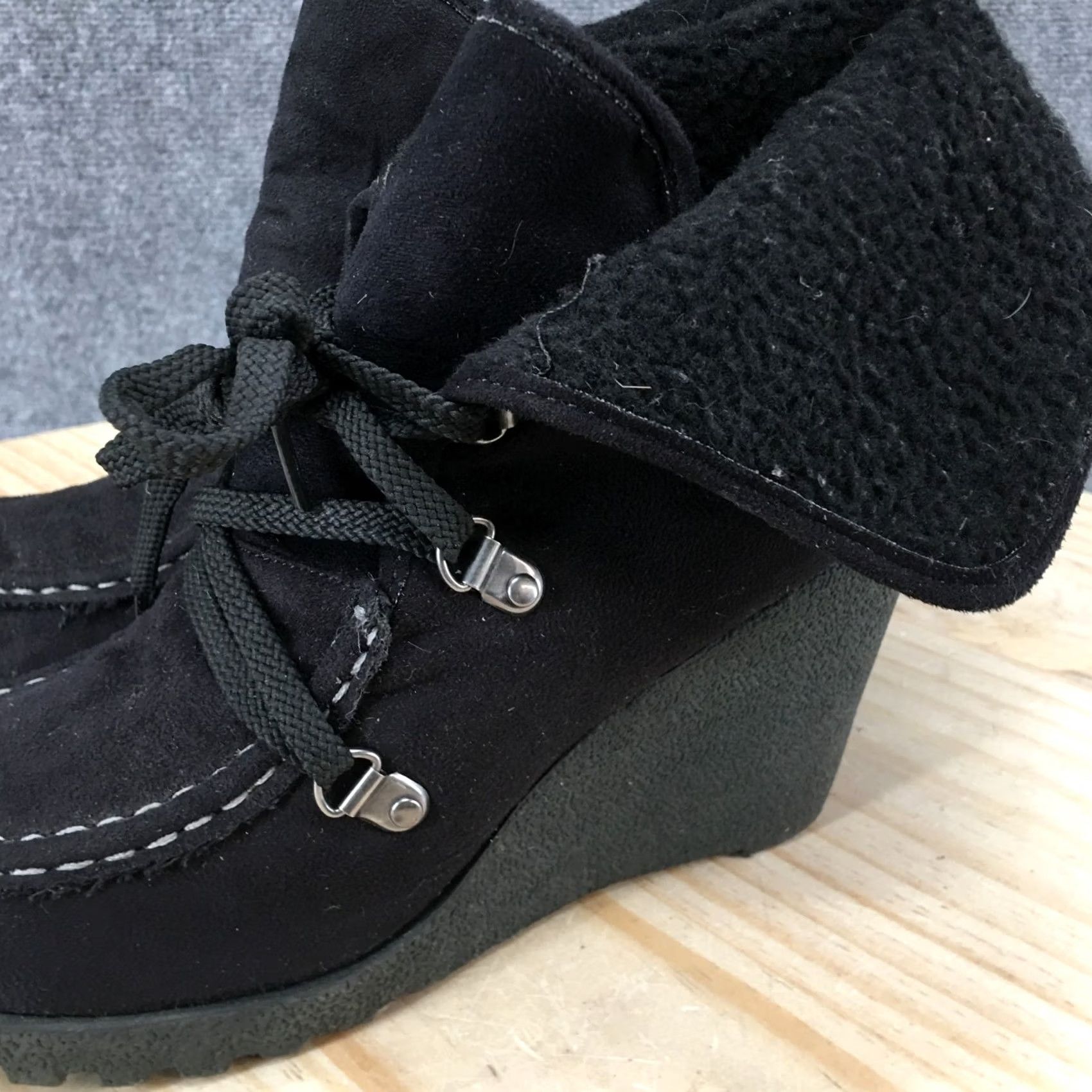 Vintage Unionbay Boots Womens 7.5 M Pike Ankle Booties Lace Up Wedge Heels Black Fabric Size US 8 / IT 38 - 5 Thumbnail