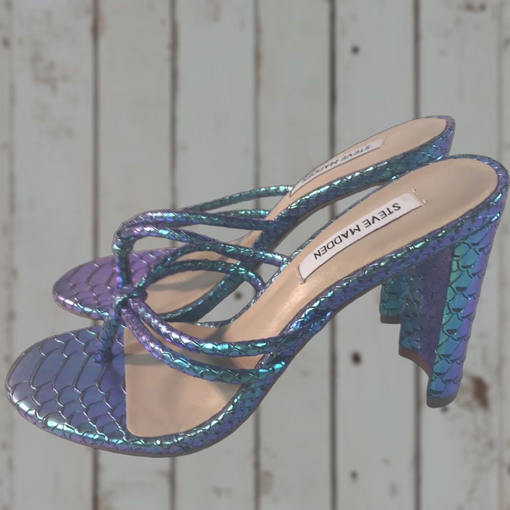 Steve Madden Steve Madden Unreal Iridescent Women's Leather Strappy Thong Heels Size 7B High Block Heel Summer Modern Going Out Size US 7 / IT 37 - 1 Thumbnail