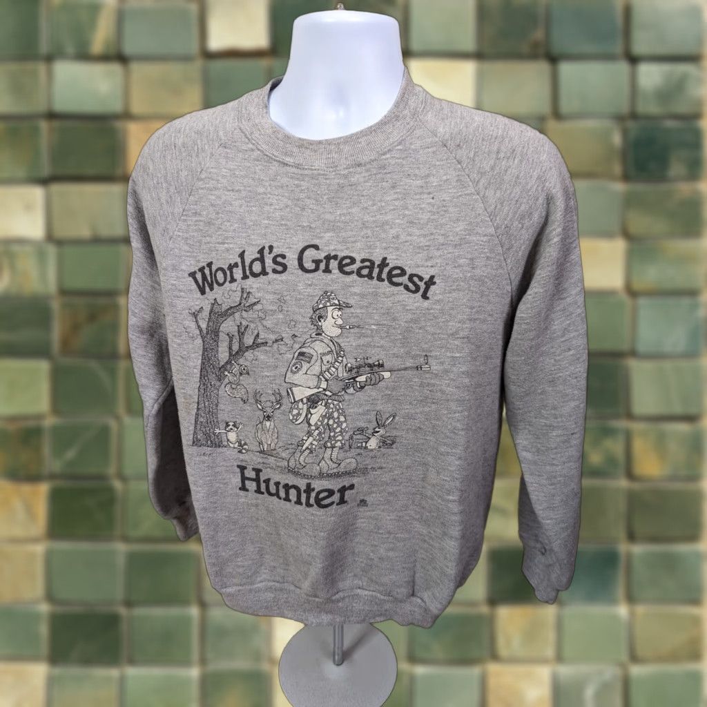Jerzees VINTAGE World's Greatest Hunter Deer Mens Large Gray Raglan Sweatshirt USA M Size US M / EU 48-50 / 2 - 1 Thumbnail