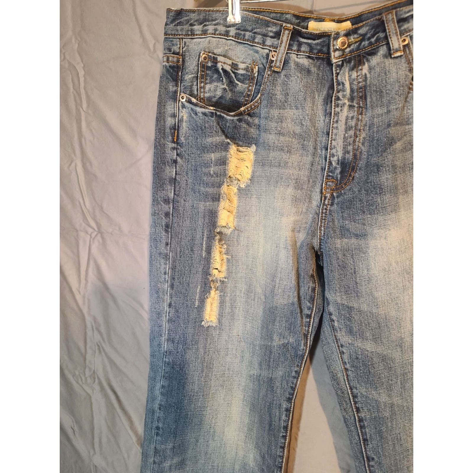 Vintage Industrial Exchange Jeans Loose Fit 36x34 100% Cotton Blue Distressed Holes 5-Pocket Mid Rise Mens Straight Denim Jeans Size US 36 / EU 52 - 4 Thumbnail