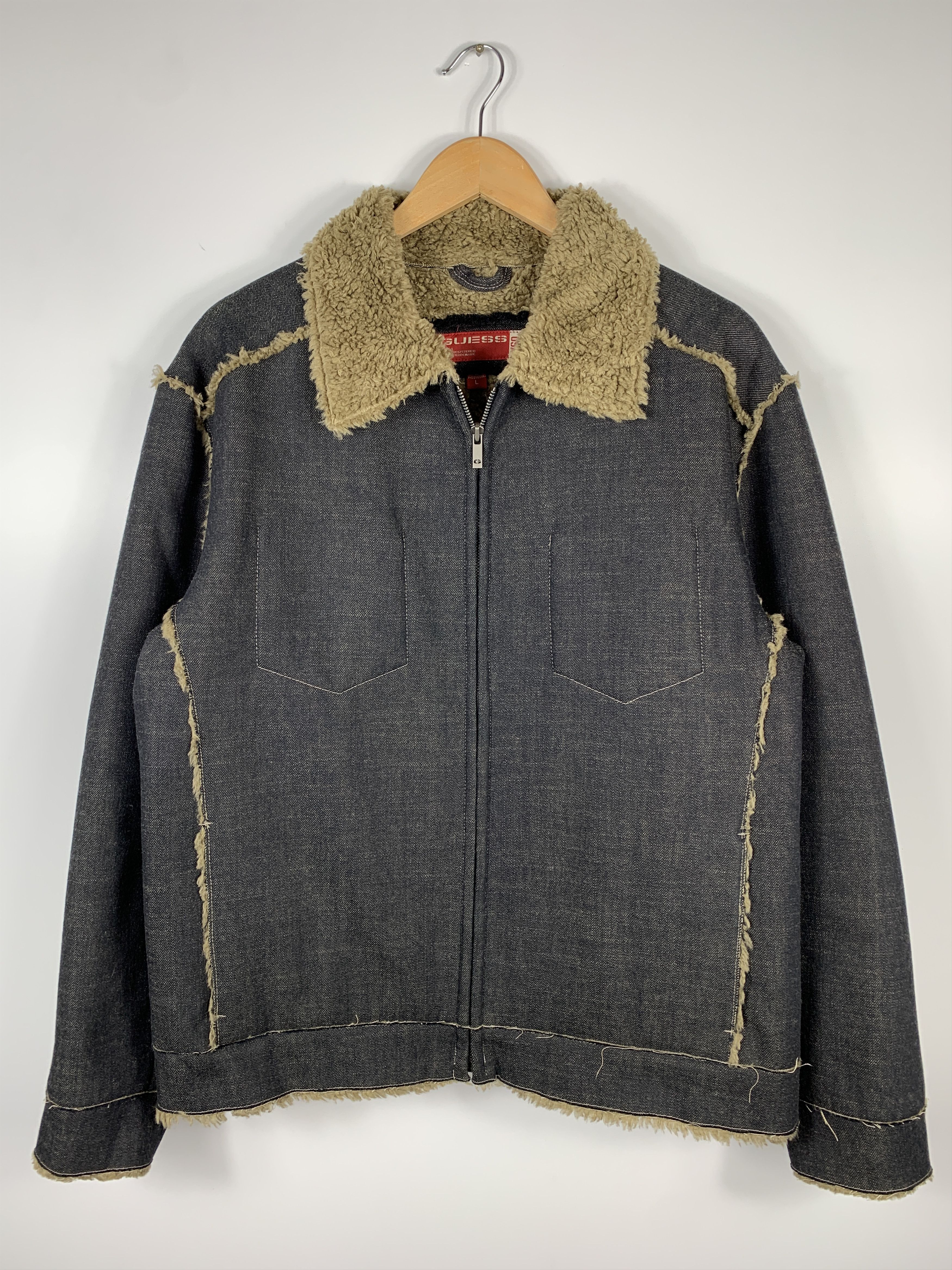 Vintage 90s Guess Sherpa Denim Jacket Gray Mens Size L