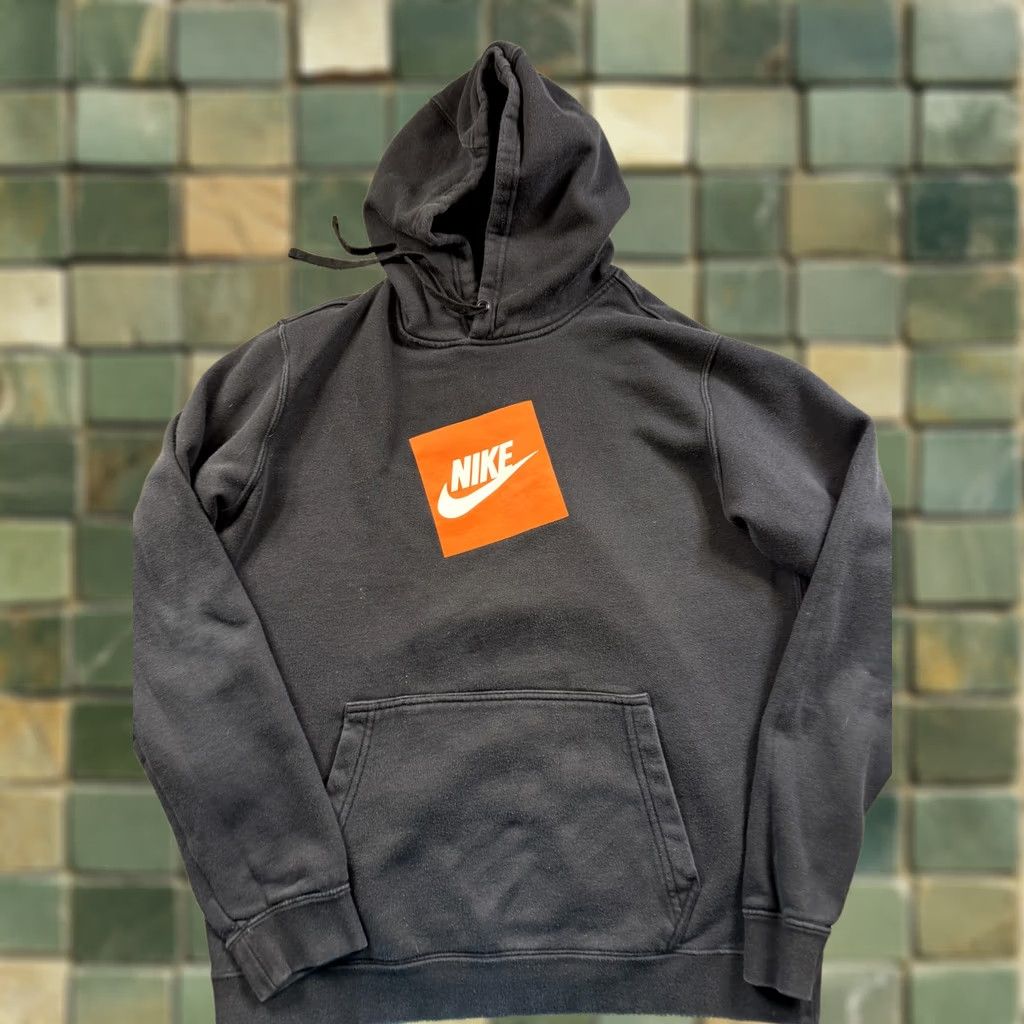 Nike Hoodie Mens Medium Black Pullover Fleece Sweatshirt Orange Box Logo, Men's
