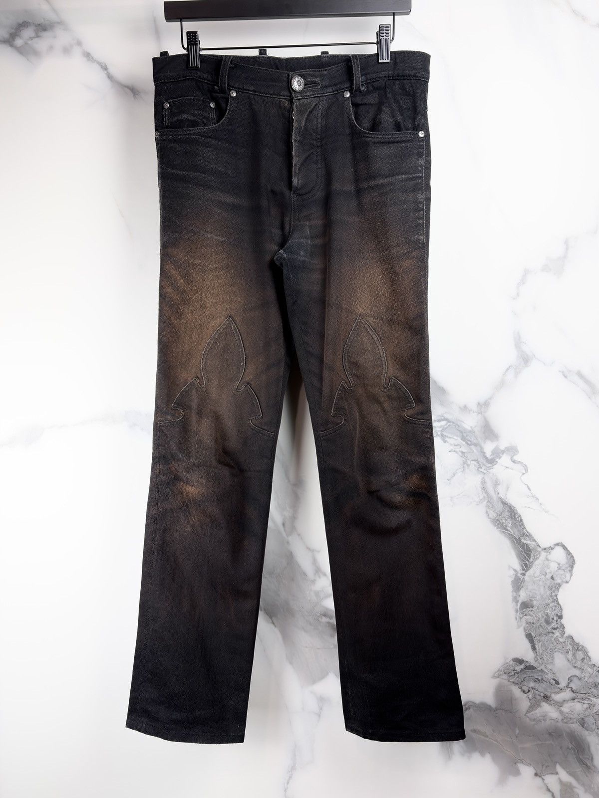Chrome Hearts Chrome Hearts Thrashed Faded Fleur Knee Silver Denim Jeans Size US 30 / EU 46 - 1 Thumbnail
