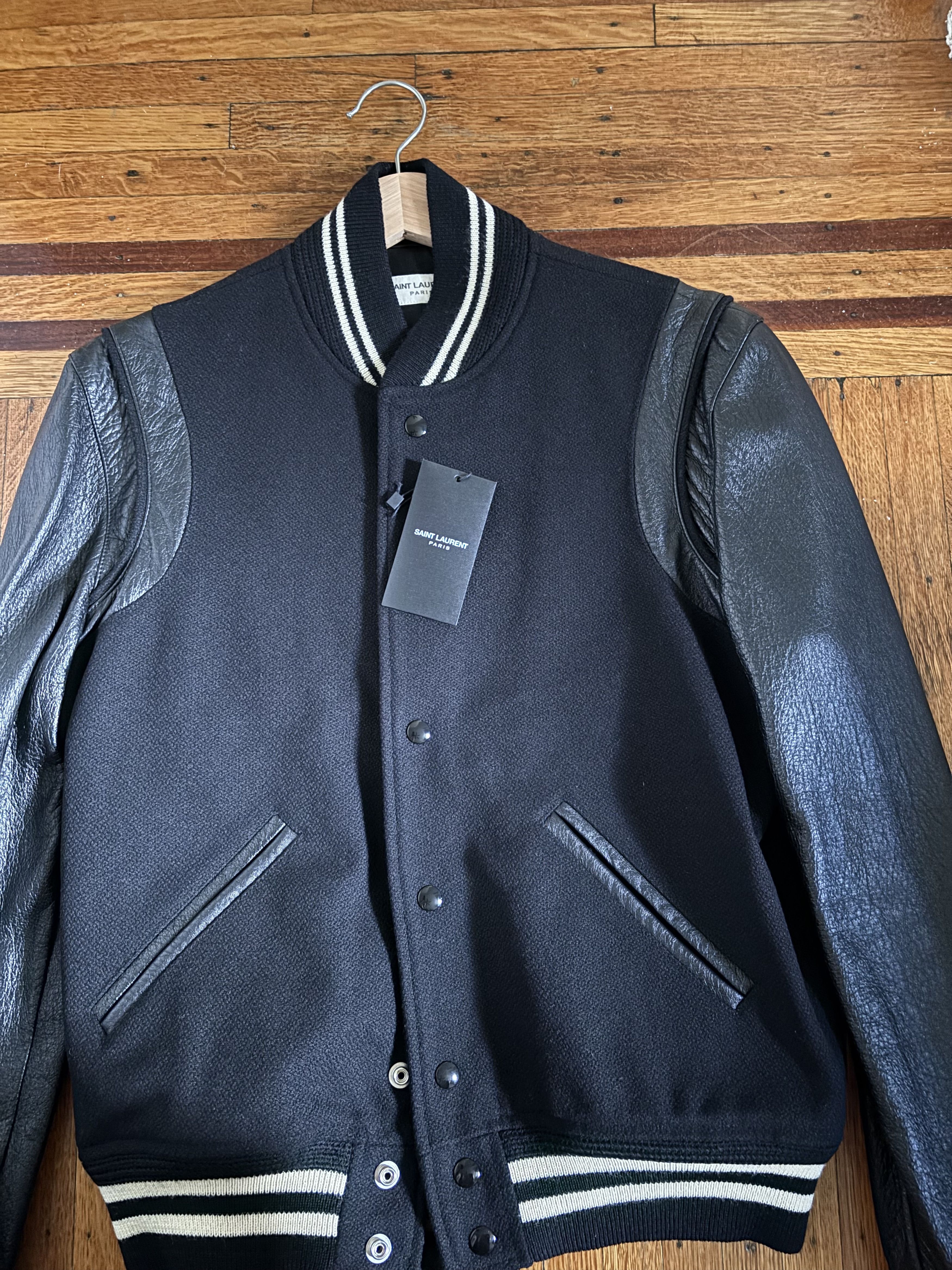 Saint Laurent Paris CLASSIC TEDDY JACKET IN BLACK WOOL, LEATHER AND POLYAMIDE Size US S / EU 44-46 / 1 - 10 Thumbnail