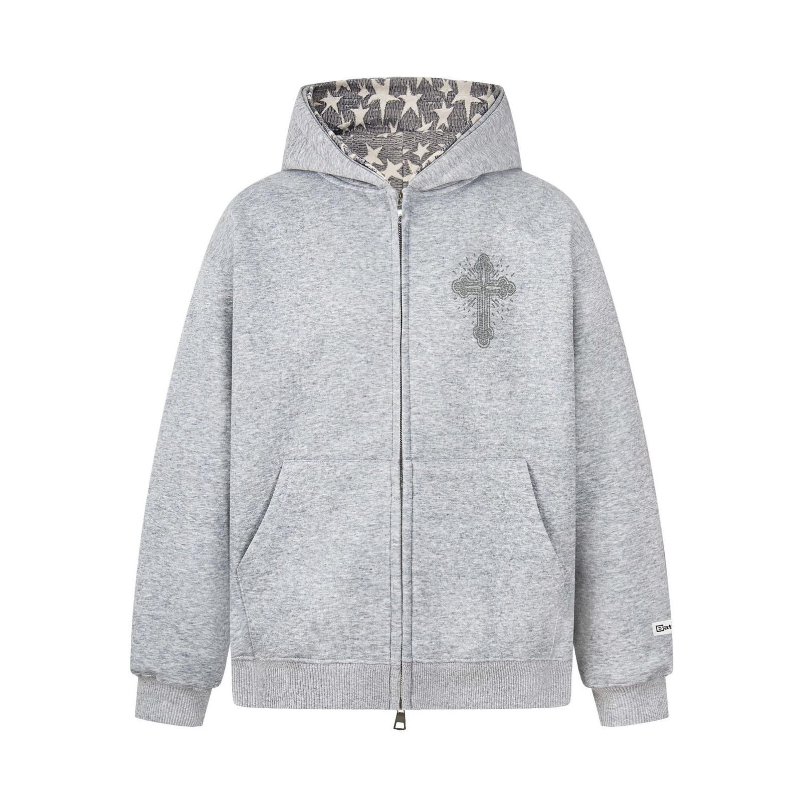 Cross Rhinestone Embellished Zip Hoodie