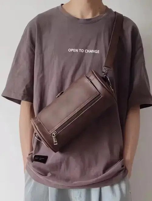 Fashion 90's Pu Leather Shoulder Barrel Bag Vintage in Brown, Men's