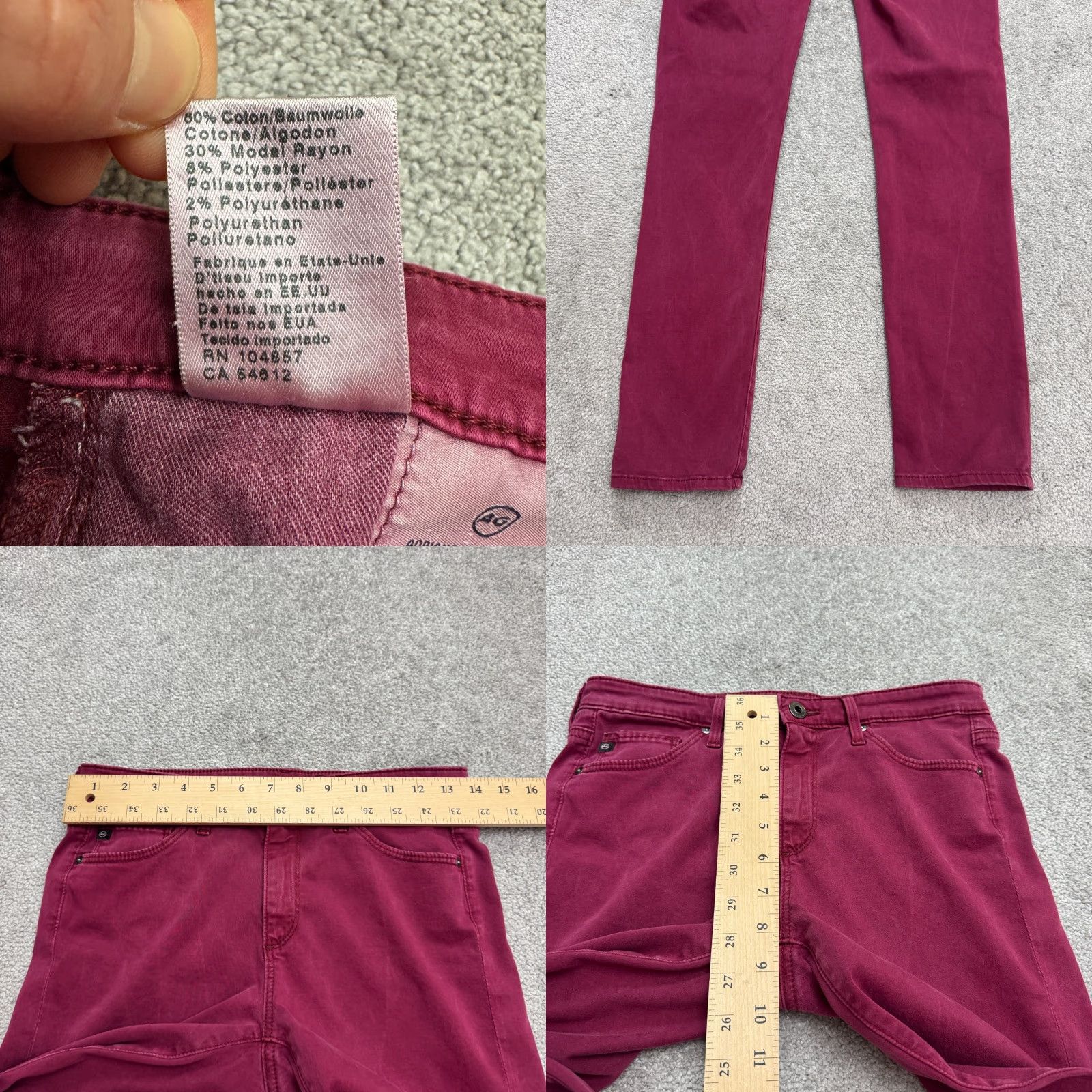 Denime AG Adriano Goldschmied The Prima Cigarette Leg Jeans Womens 26R Burgundy Denim Cigarette Leg Regular Stretch Pocket 5-Pocket Size 26" / US 2 / IT 38 - 9 Thumbnail