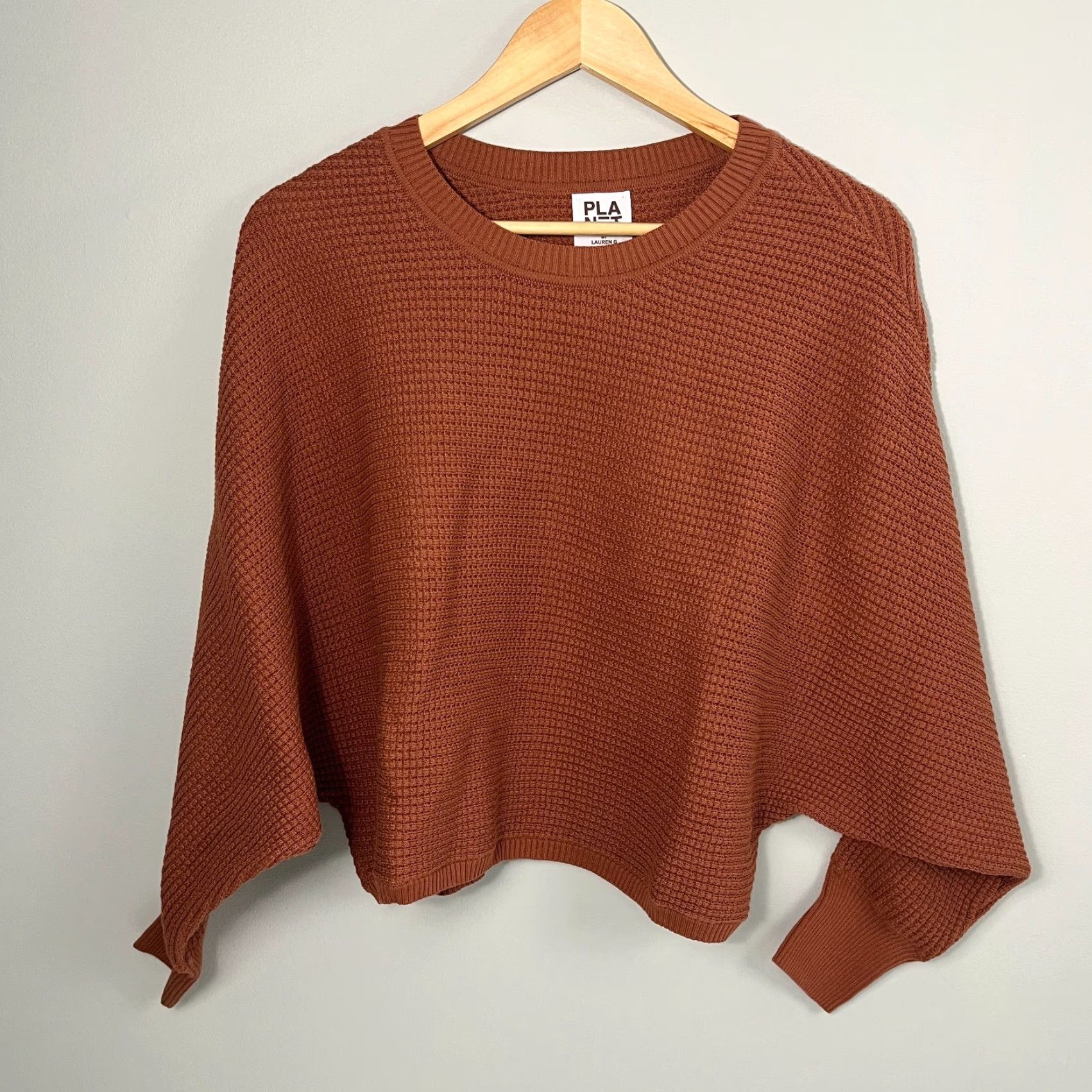 Vintage Planet by Lauren G Womens Sweater One Size Orange Brown Oversized Waffle Knit Pullover Crew Neck Dolman Sleeve Knit Comfort Casual Vintage: No Size ONE SIZE - 2 Thumbnail