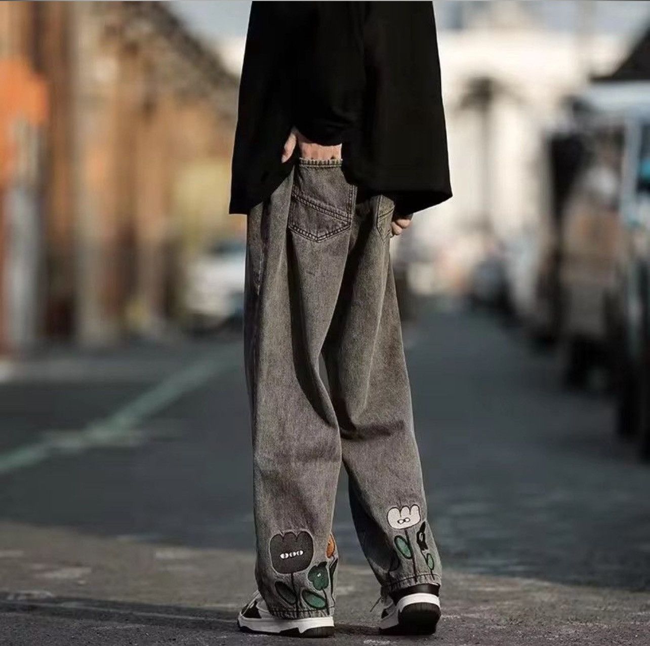 Other Flower Baggy Casual Denim Wide-leg Jeans Cargo Pants Size US 33 - 4 Thumbnail