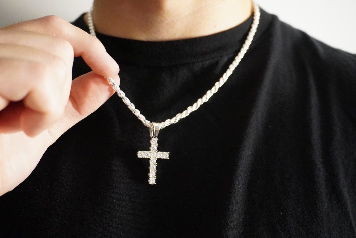 Solid .925 Silver Rope Chain & Moissanite Cross Set 4mm 20”