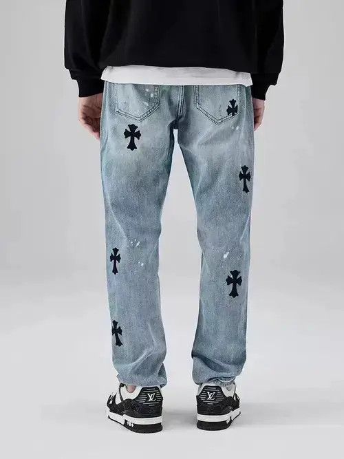 Japanese Brand High Street Washed Distressed Cross Print Straight Leg Jeans Size US 32 / EU 48 - 2 Thumbnail