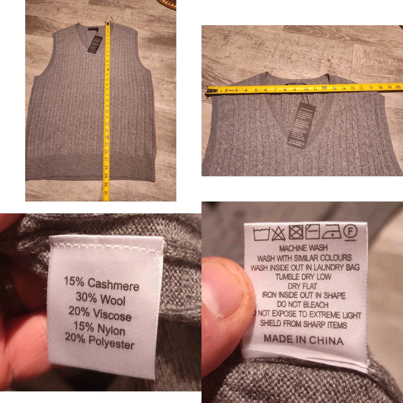 Vintage Kallspin NWT Sweater Vest Cashmere Wool Blend V Neck L Tall Cable knit Gray Mens Size US XXL / EU 58 / 5 - 8 Thumbnail