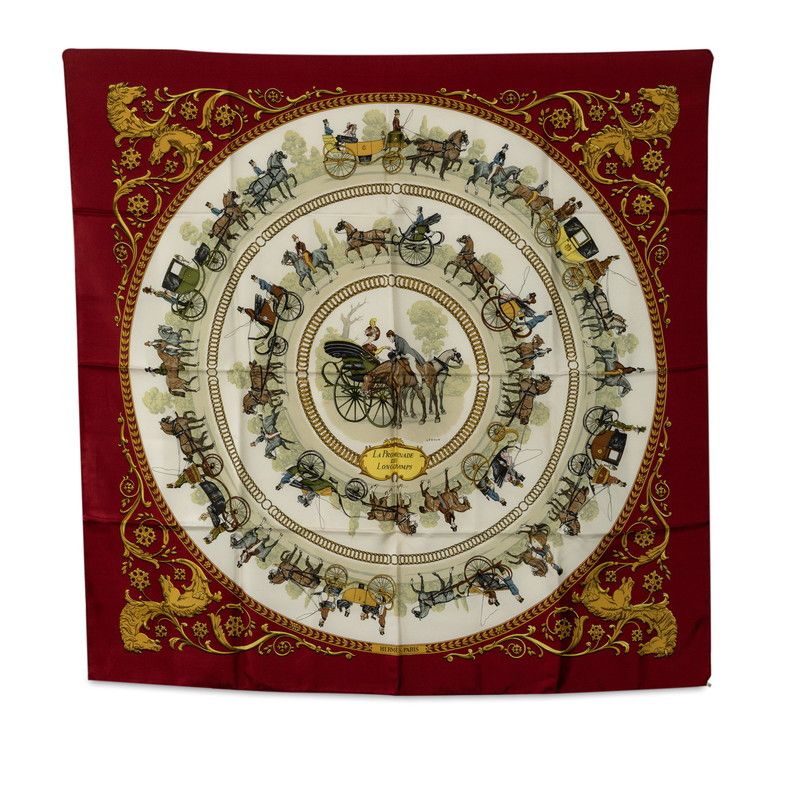 image of Hermes Carré La Promenade De Longchamps Silk Scarf in Red, Women's