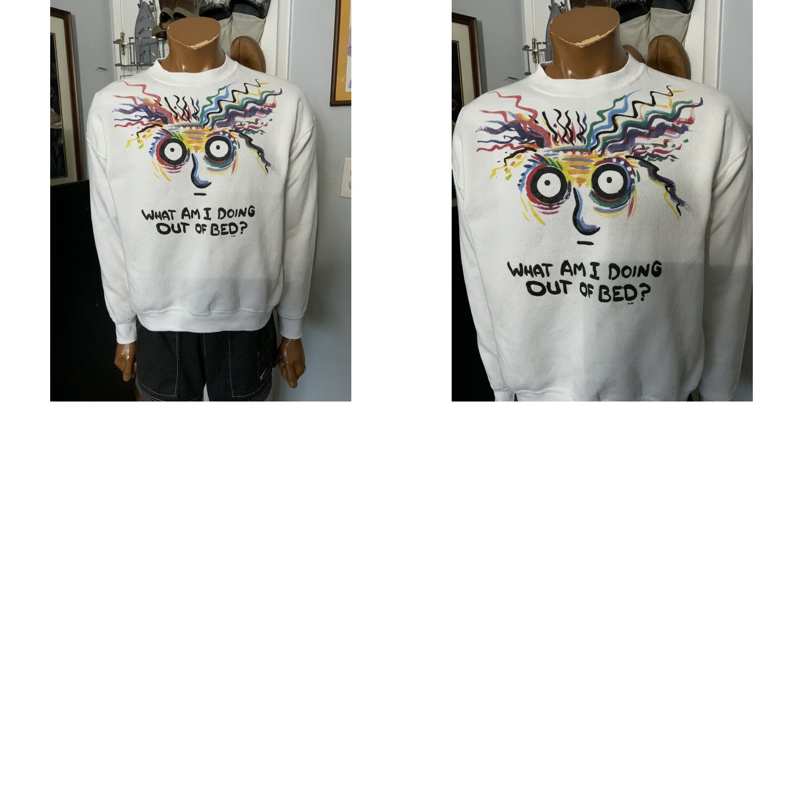 Fruit Of The Loom VINTAGE Fruit Of The Loom What Am I Doing Out Of Bed? Sweatshirt Crewneck Sz. L White Mens Pullover Size L Size US L / EU 52-54 / 3 - 8 Thumbnail