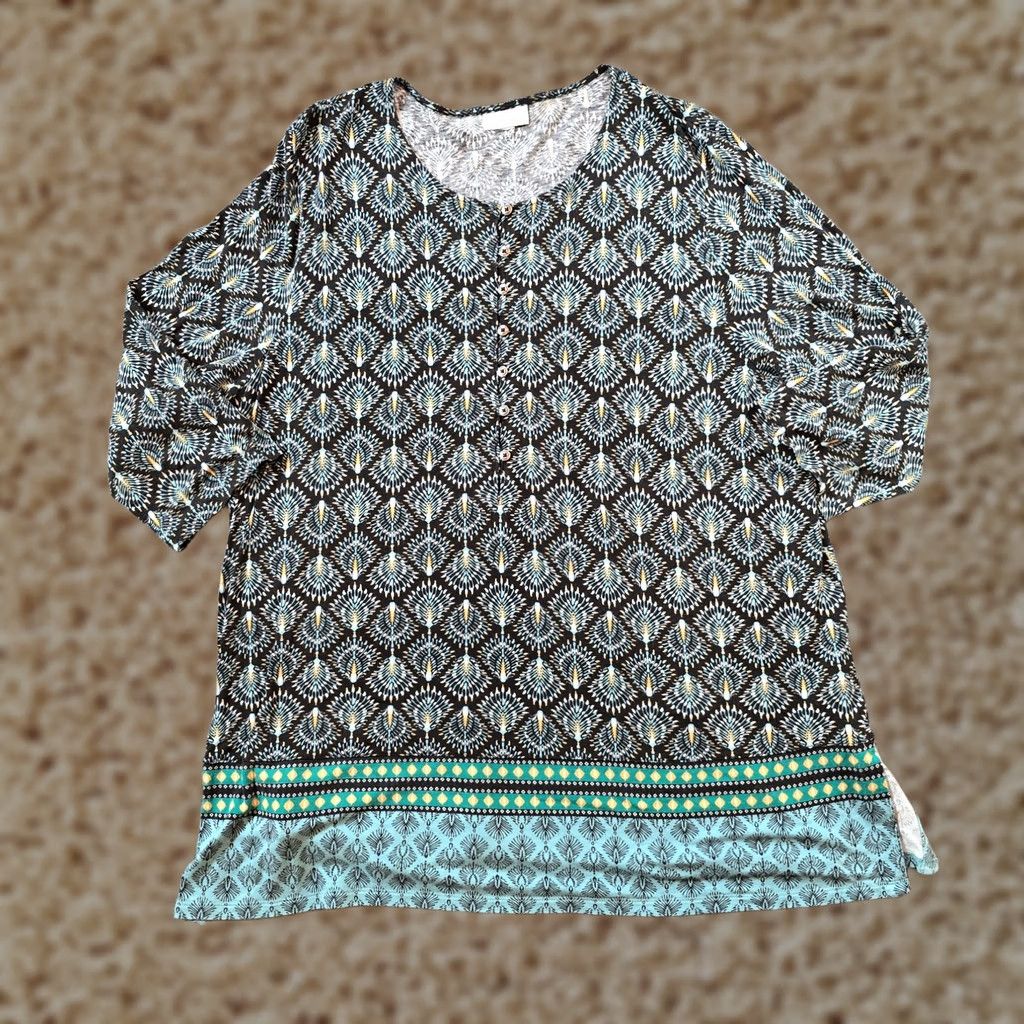 J. Jill J Jill Top Geometric 3/4 Sleeve Stretch Black Green Womens XL Shirt Blouse Tunic Casual Career Mens Womens Size XL / US 12-14 / IT 48-50 - 1 Thumbnail