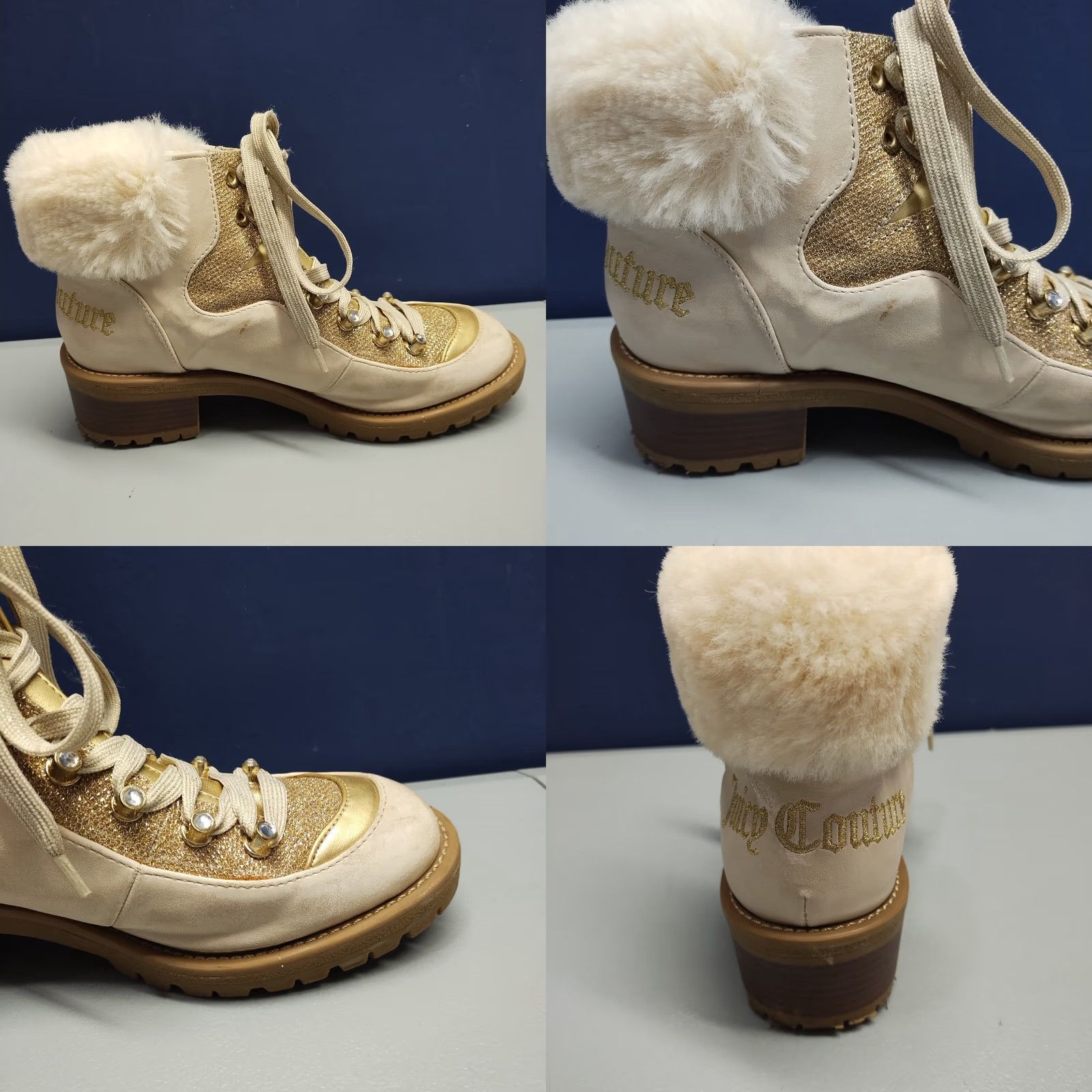 Juicy Couture Juicy Couture Heeled Boots Women's Size 8M Gold Sude Leather Faux Fur Lace-up Bootie Size US 8 / IT 38 - 9 Thumbnail