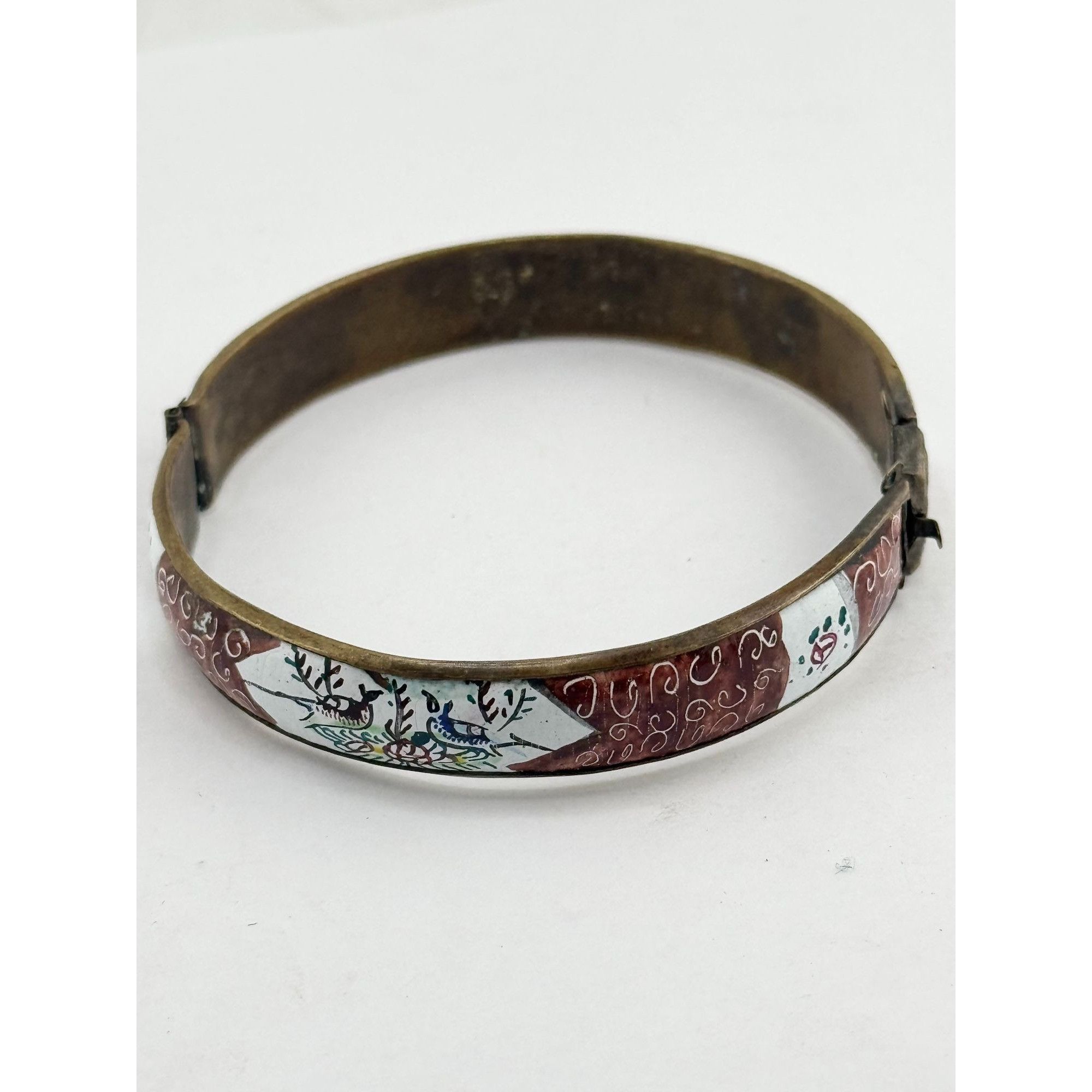 Vintage Estate Antique Hand Painted Enamel Bird & Flowers Hinged Ban Size ONE SIZE - 1 Thumbnail