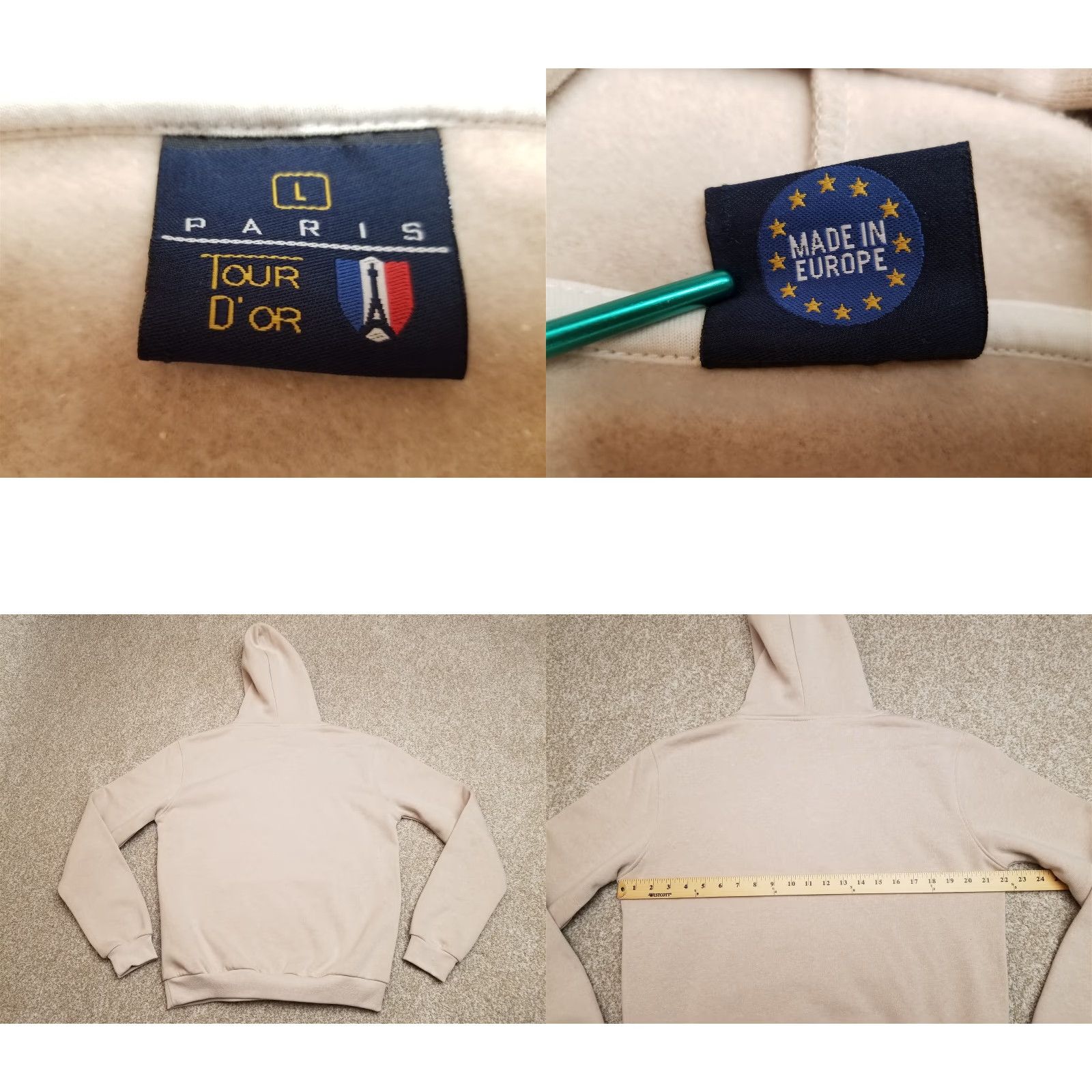 Vintage Paris Tour D' OR Hoodie Mens Large Beige Hooded Pullover Sweatshirt Cotton Blend Embroidered Logo 90s Style Size US L / EU 52-54 / 3 - 8 Thumbnail