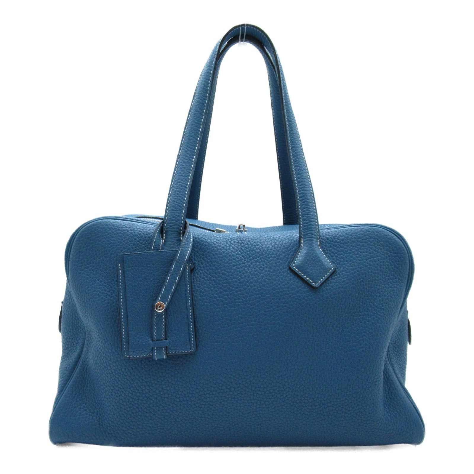 Hermes Victoria 35 Blue Jean Handbag Leather Clemence Silver Hardware □N Engraved
