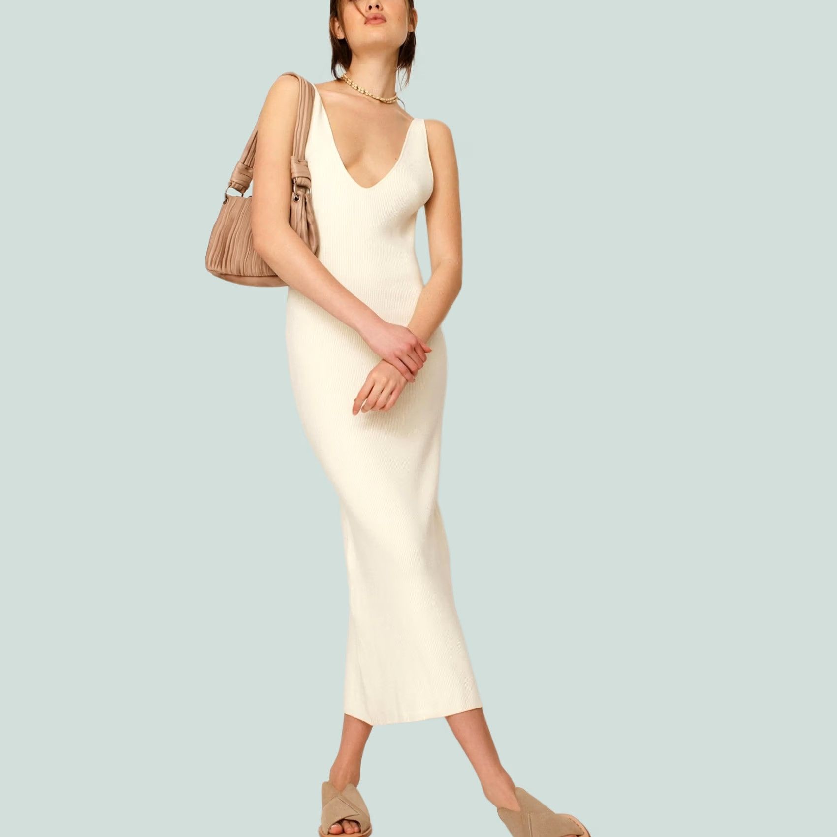 Free People VINTAGE FP BEACH Sweater Dress Daniela Low Back Ivory Cream Ribbed L Sleeveless Midi Womens Size L / US 10 / IT 46 - 1 Thumbnail