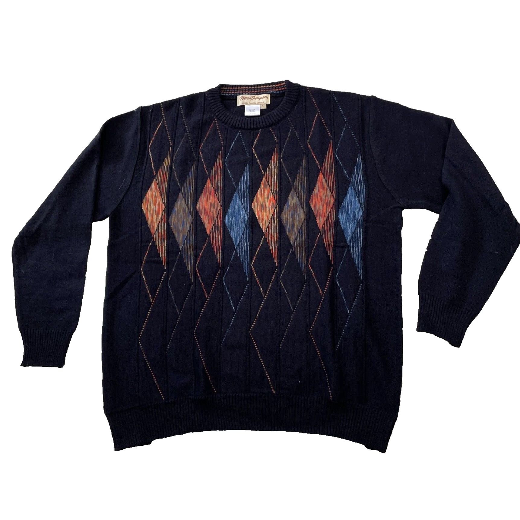 Jim Thompson NORM THOMPSON Wool Italian Sweater Men L Navy Blue Orange Retro Geometric Knit Pullover Crew Neck Long Sleeve Multicolor Size US L / EU 52-54 / 3 - 2 Thumbnail