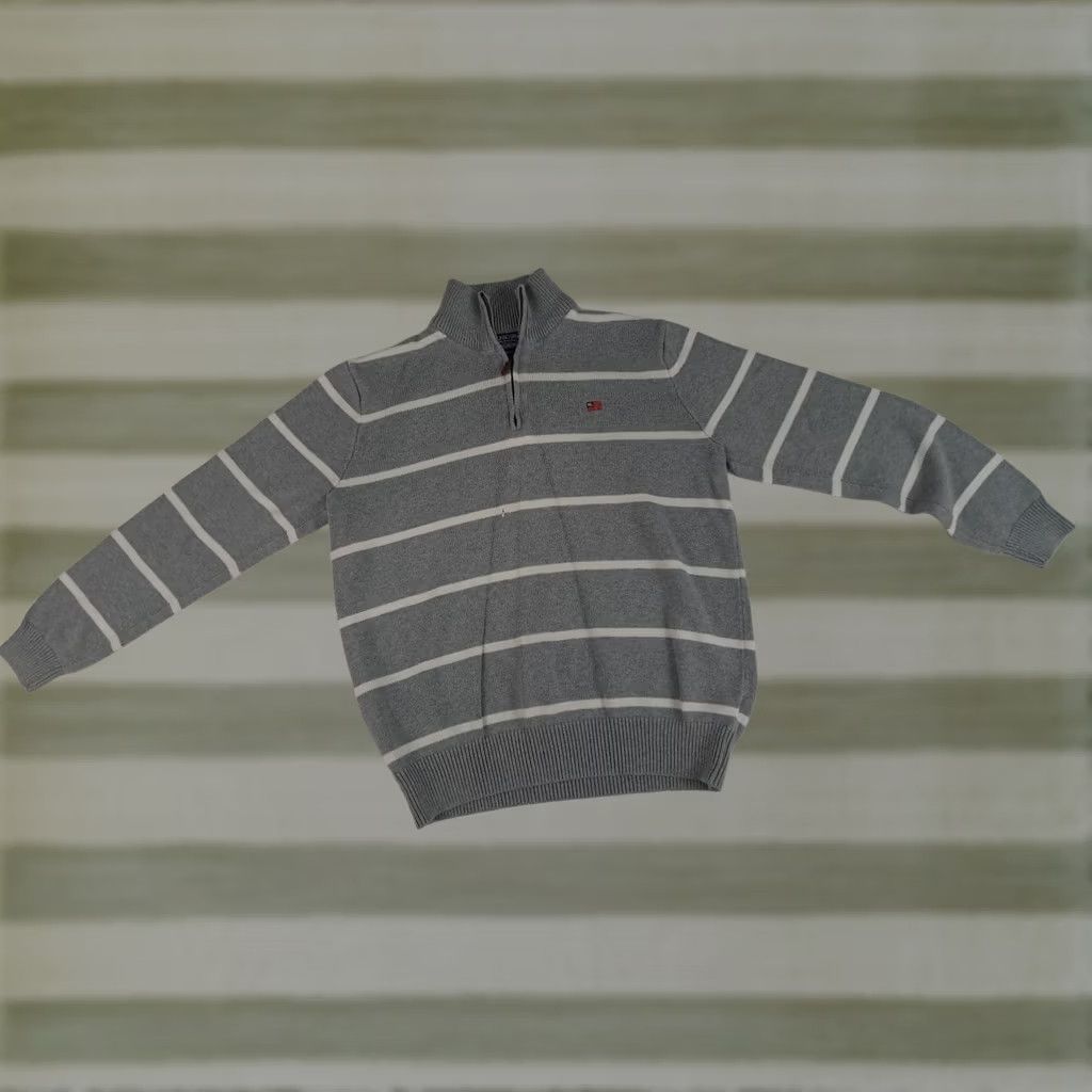 Ralph Lauren VINTAGE Ralph Lauren Polo Jeans Company Sweater 1/4 Zip Striped Grey Gray Mens M Knit Cotton Logo Runway Casual Winter Fall Spring Size US M / EU 48-50 / 2 - 1 Thumbnail