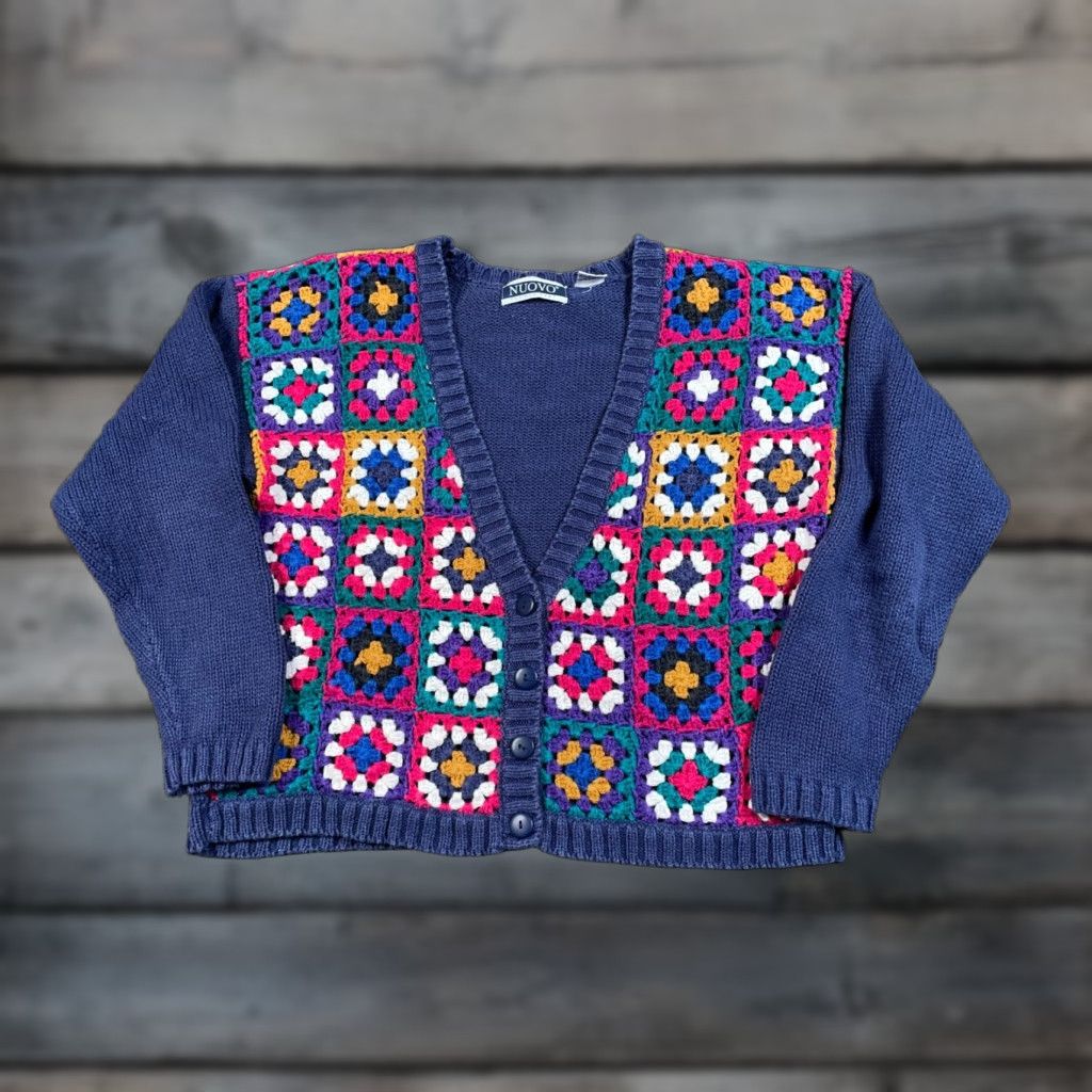 Vintage VINTAGE NUOVO Cardigan Sweater 90s Floral Crochet Blue Medium Women KC Knit Short Sleeve Sho Elapsed? Size M / US 6-8 / IT 42-44 - 1 Thumbnail