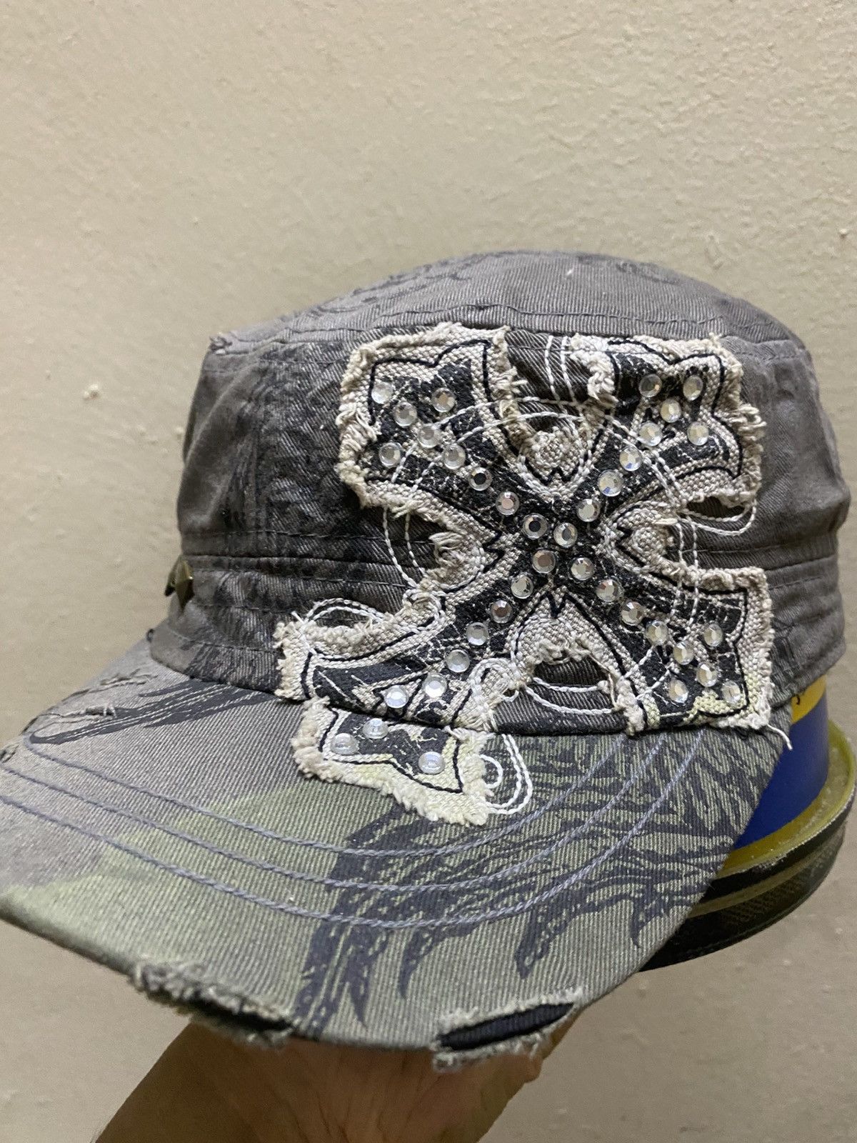 Japanese Brand Cross Ghotic Cadet Hat Distressed Rhinestone Style Y2K Size ONE SIZE - 2 Thumbnail