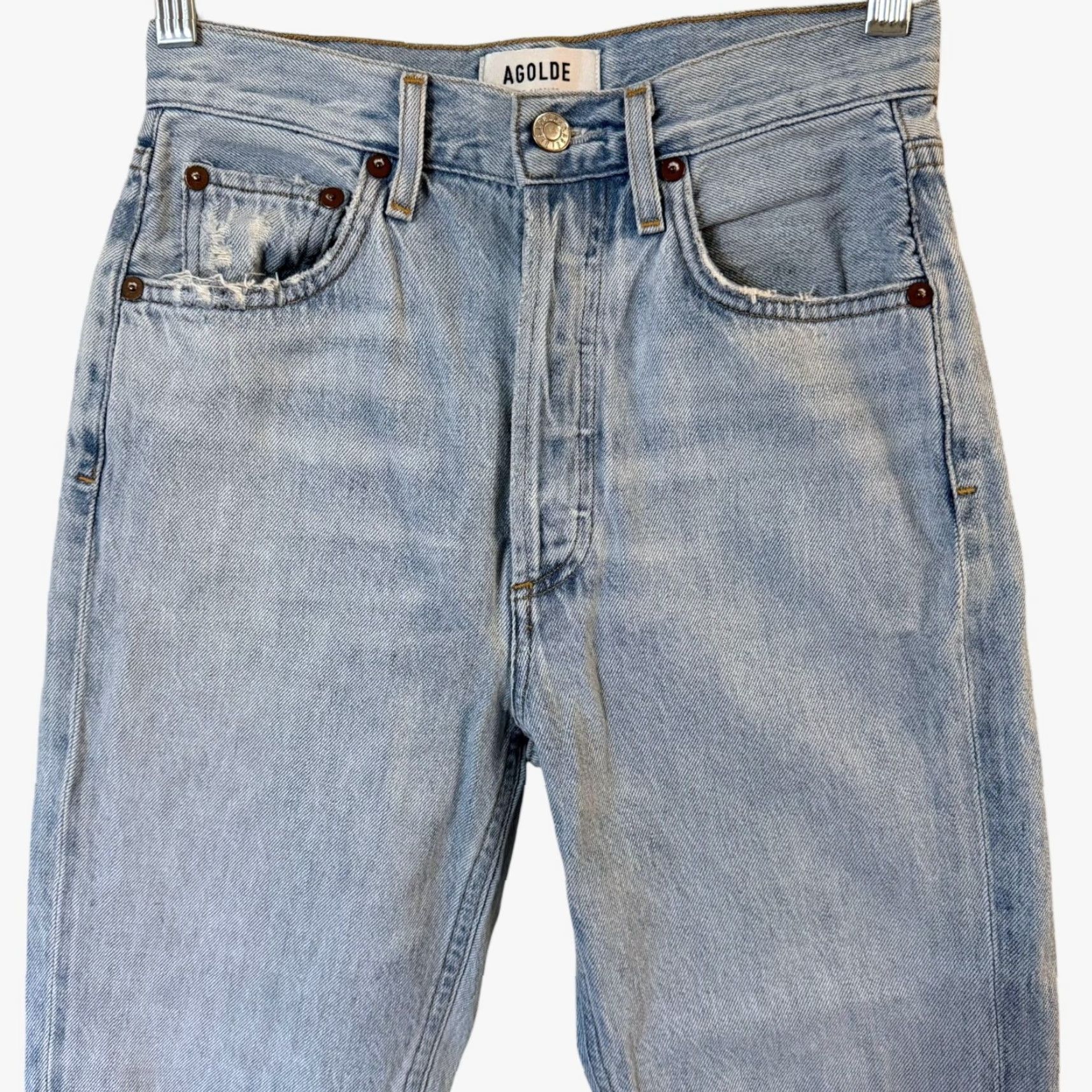 Agolde AGOLDE Riley High-Rise Straight Crop Jeans Blue Distressed Button-Fly Women's 24 Denim 5-Pocket Inseam 25"} Size 42" / US 20 - 5 Thumbnail