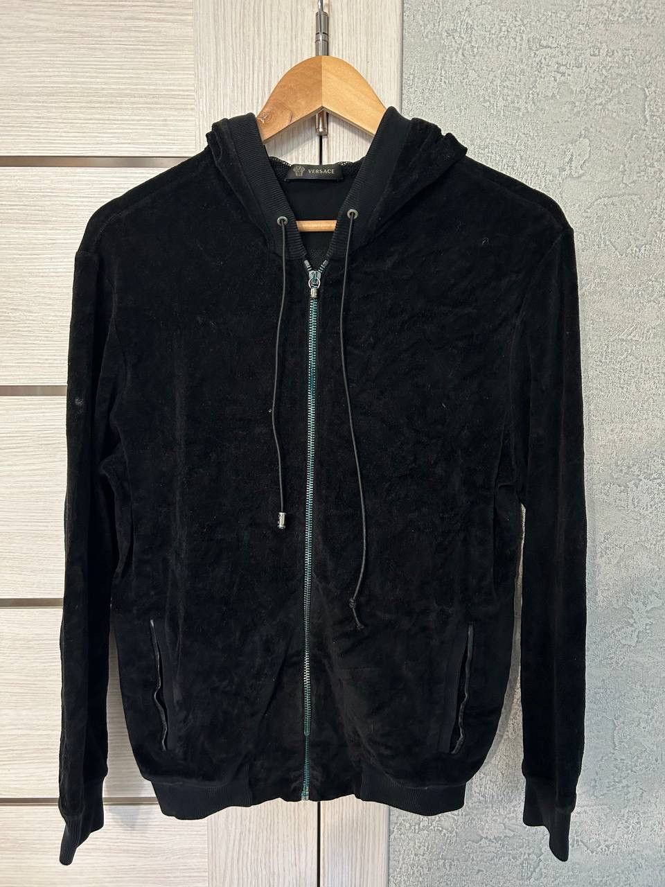 image of Gianni Versace Velour Zip Luxury Big Logo Hoodie in Black, Men's (Size XS)