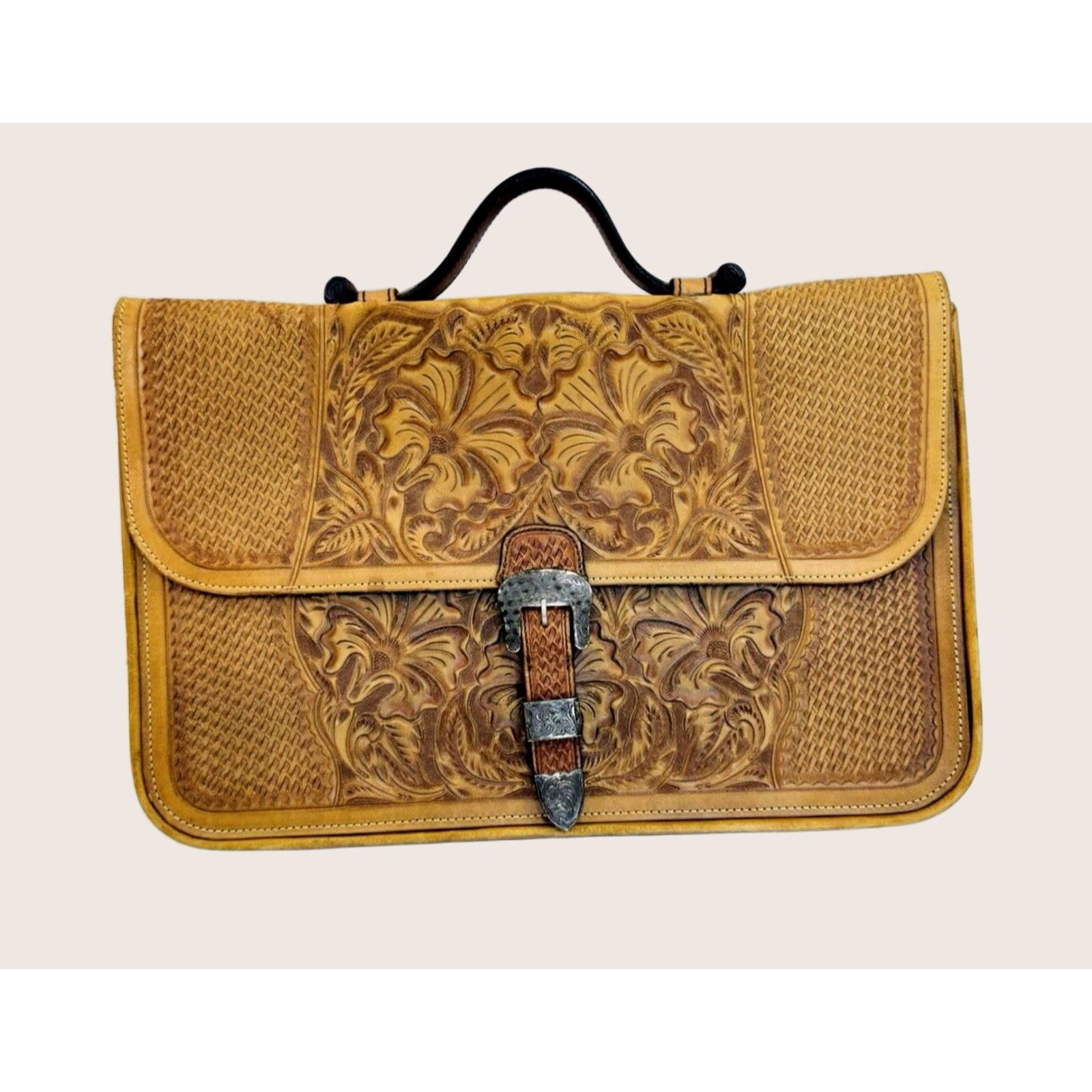 Vintage VOGT Hand Made Tooled LEATHER Vintage Mexico Briefcase Purse Bag Brown 16.25" Long 10.5" Tall 4" Width Leather Handbag Satchel Purse Bag Mens Womens Size ONE SIZE - 1 Thumbnail