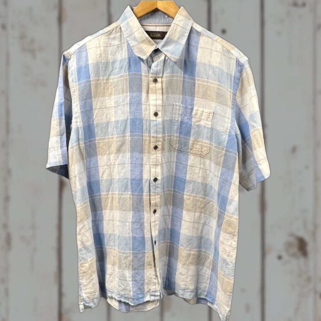 Tasso Elba VINTAGE Tasso Elba Shirt Dress Shirt Mens Large Blue Plaid  Button Up Linen Blend